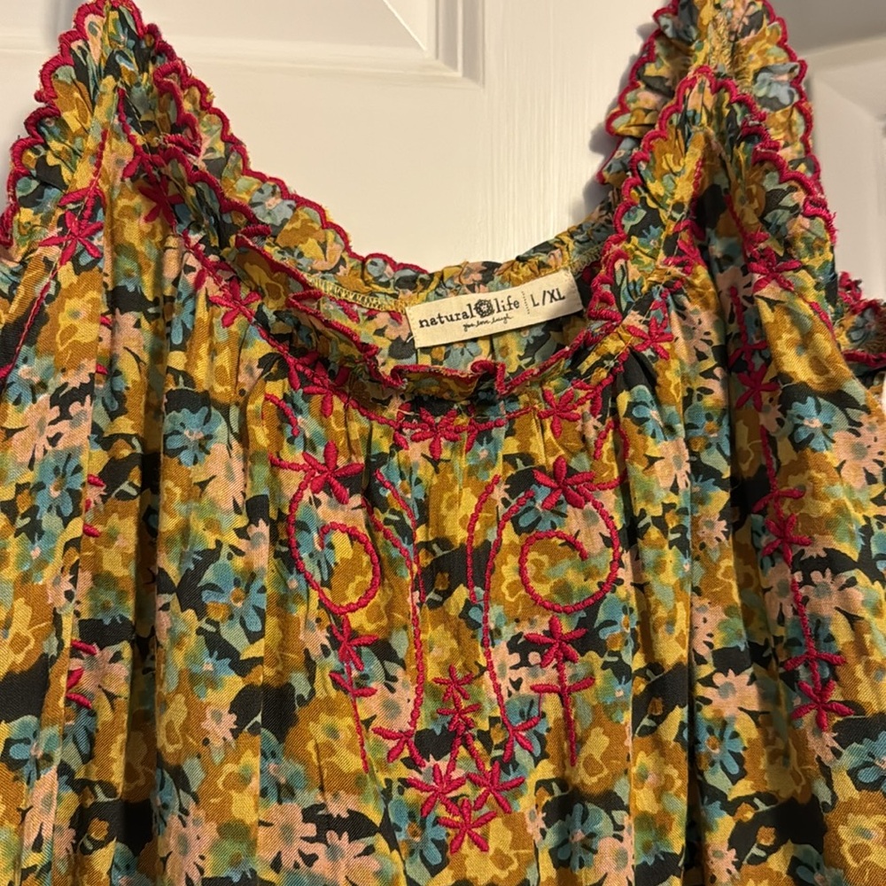Natural Life Yellow Floral Dress Spaghetti Strap Pink Embroidery Babydoll L/XL